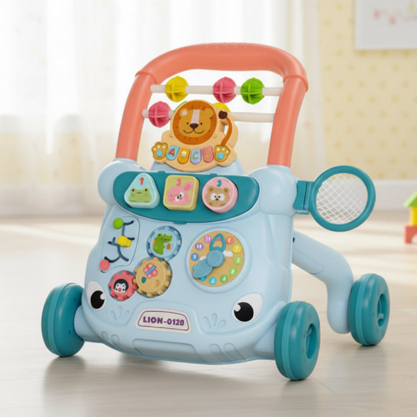 chariot de marche bébé bleu dans chambre